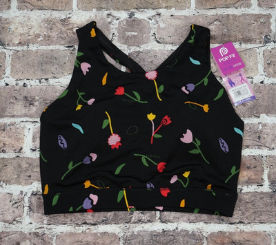 NWT Popfit Jane Athletic Sports Bra Crop Top Women L Floral Black Summer Pilates