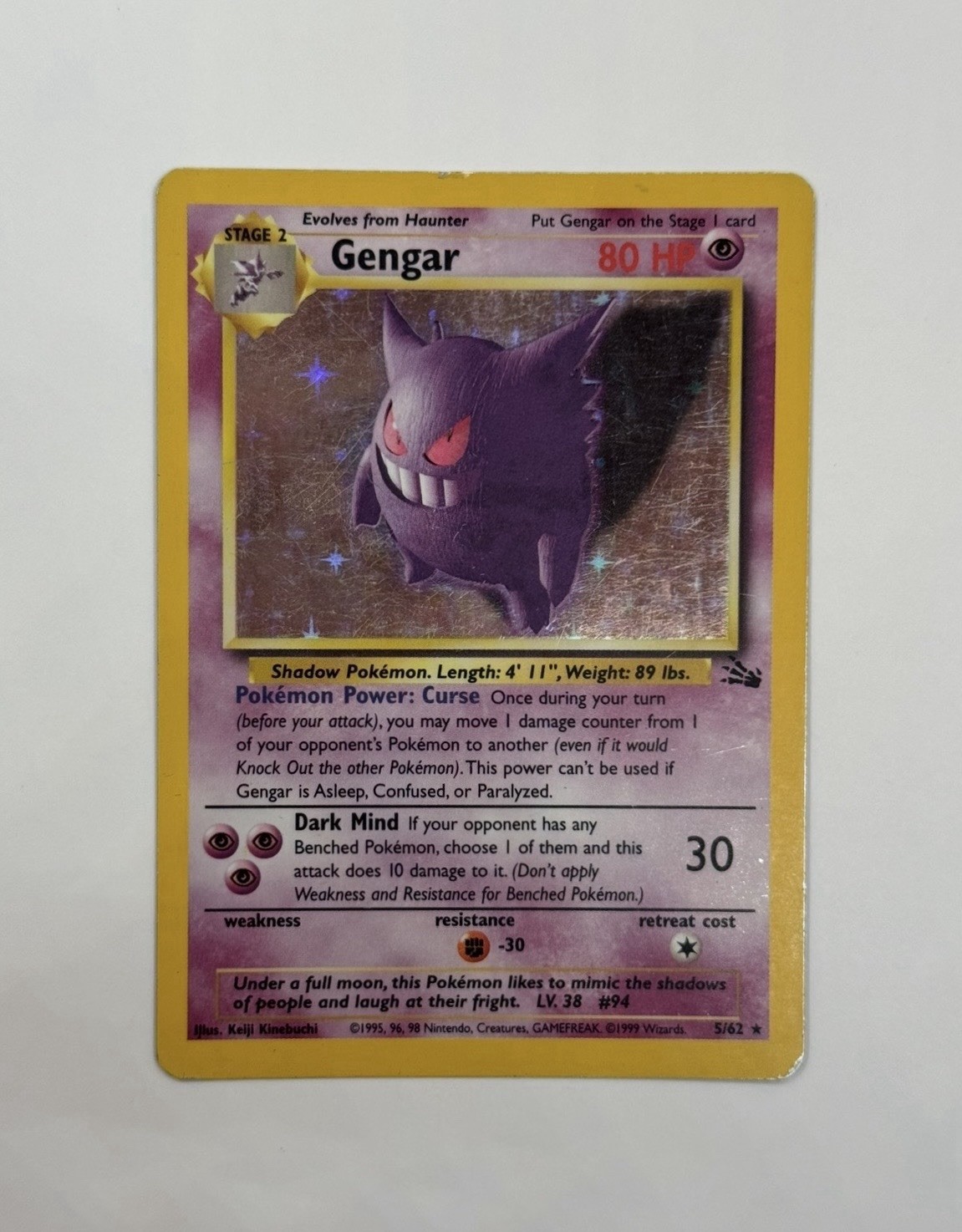Gengar Holo 5/62 Fossil Pokemon Card 1999 HP Heavily Played