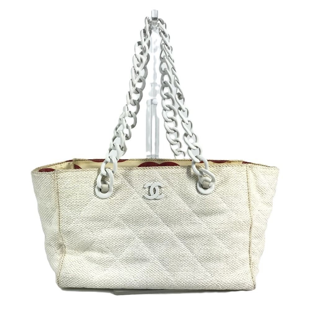 Chanel Matelasse Tote Shoulder Bag White Straw Plastic Chain Authentic Used image 2