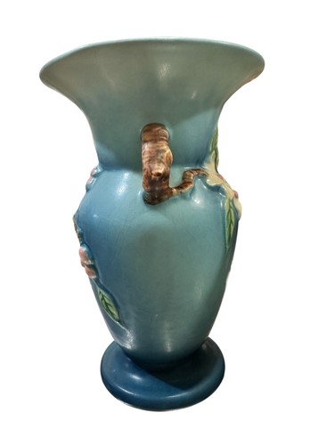 ROSEVILLE APPLE BLOSSOM VASE WITH HANDLES BLUE FORM 385-8 - Picture 4 of 14