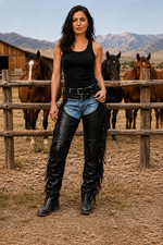 Women's Black Genuine Leather Fringe Chaps Western Cowgirl Biker Leg Cover