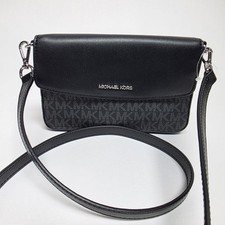 Michael Kors Black Logo Crossbody Bag Silver Hardware Metal Plate Women