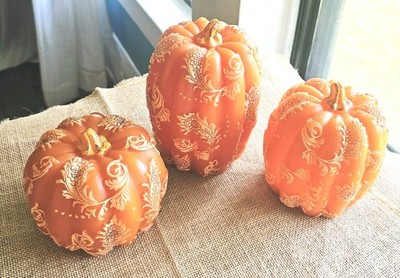3 Fall Pumpkins Paisley Wax Battery Operated Lighted W/ Timers Home Decor