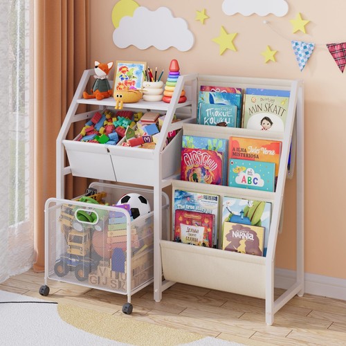 Kids Bookshelf and Toy Storage Organizer - 3 Tier Book Shelf with Movable Dra...