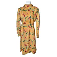 Vintage 70s Floral Shift Dress Belted Tan Lily Print Cottagecore Large