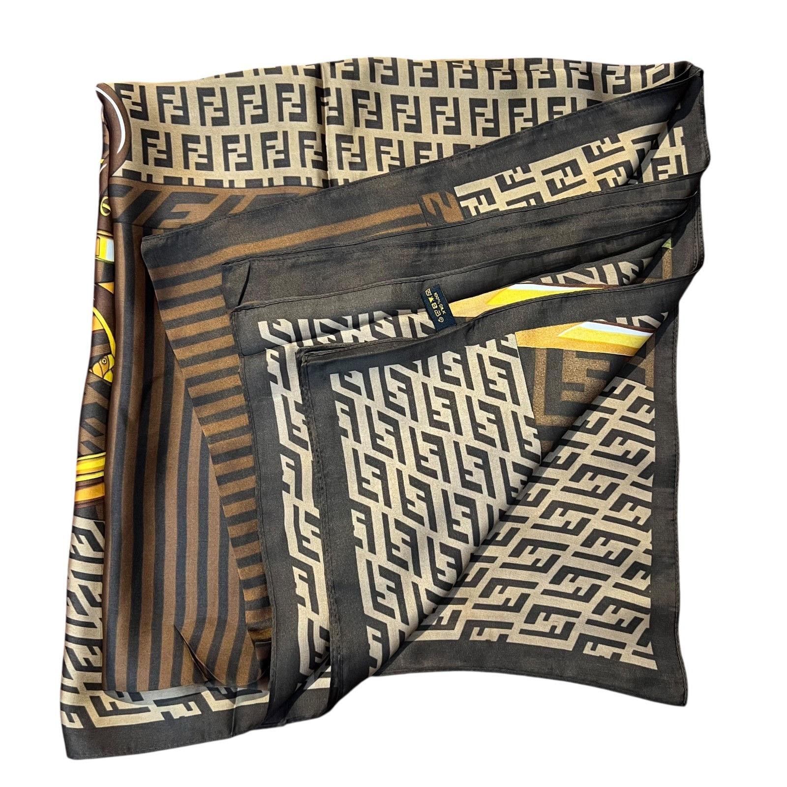 Fendi FF Monogram Silk Scarf Vintage Luggage Print Brown Gold Made in Italy Auth thumbnail 17