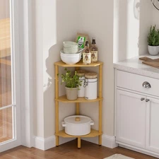 3 Tier Corner Shelf Stand, Bamboo Corner Bookshelf, Corner Bookcase with Open...