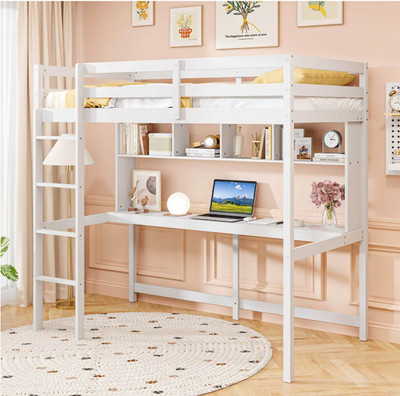 Twin Size Loft Bed with Desk & Shelves Safety Guardrails & Ladder Storage