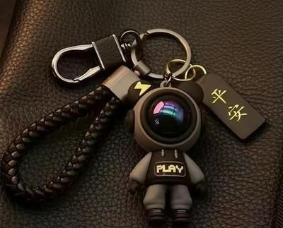 Astronaut Figure Keychain Black with Detachable Keyring, Belt Chain, PLAY Hoodie