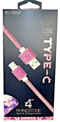 Bytech Pink Rhinestone USB to Type C Fast Charging Cable 4FT Bling Bedazzled