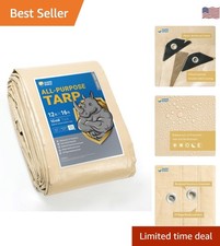 Beige Heavy Duty 12x16 Tarp - Waterproof, UV Resistant with Reinforced Grommets