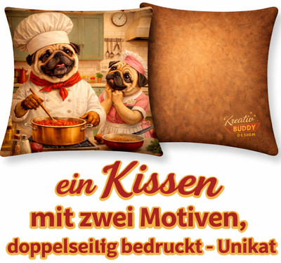 Hunde Kissen Mops Koch 45x45 inkl Füllung Dekokissen Hunde Geschenk kochen Küche