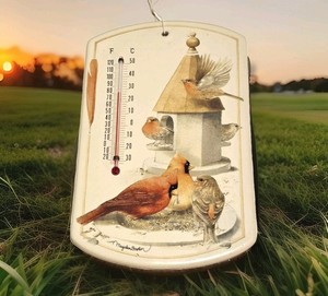 Marjolein Bastin Hallmark Cardinal Birds Ceramic Wall Thermometer 7.5"x5" Vtg