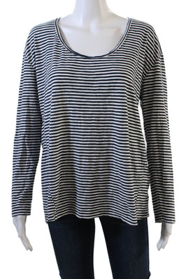 Closed Womens Long Sleeve Scoop Neck Striped Tee Shirt White Navy Cotton Large