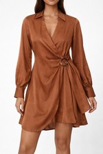 Gianni Bini Women's Wrap Dress Belted Tie Rust Brown Size M Long Sleeve V Neck