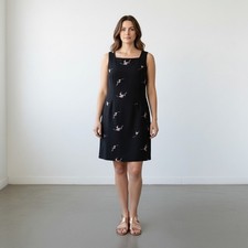 Vtg Jones New York Black Cherry Blossom Embroidered Square Neck Sheath Dress 12P