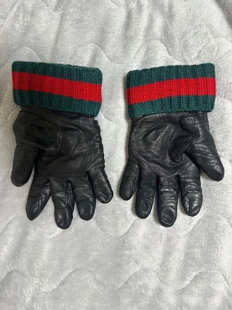 GUCCI Sherry Line Leather Gloves Michele Black Red Green w/Box Authentic