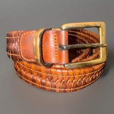 Vintage 90s Tommy Bahama Cognac Herringbone Woven Braided Leather Belt Size 32