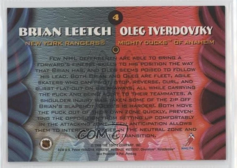 1994-95 Topps Finest Bowman's Best Duals Brian Leetch Oleg Tverdovsky #4 HOF - Image 2 of 2