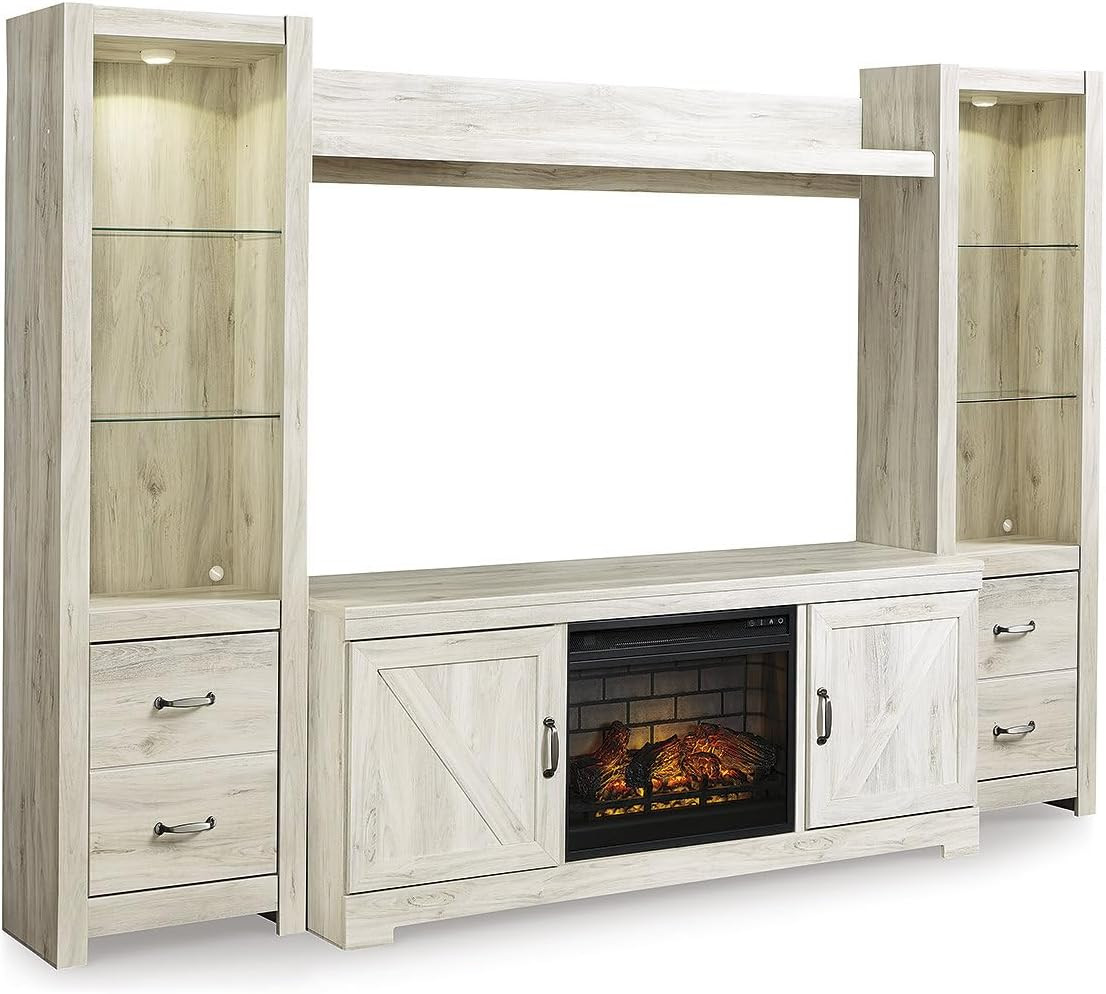 Farmhouse 4-Piece Entertainment Center with Electric Fireplace, Whitewash Finish