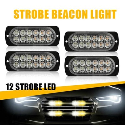 4x Amber/White LED 12 Strobe Light Bar Car Truck Flashing Warning Hazard Beacon