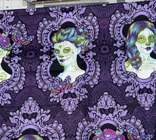 VHTF OOP 1 yard Tula Pink De La Luna Skull Day of the Dead Purple Cotton Fabric