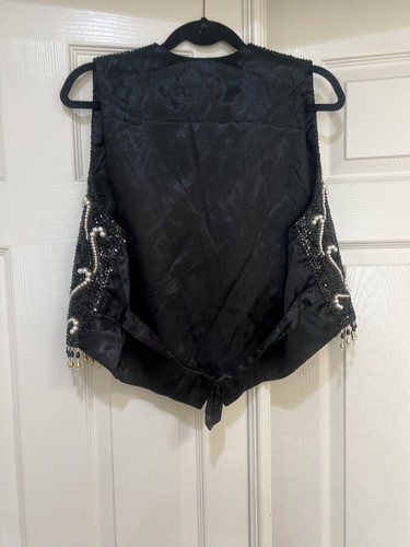 Vtg Beaded Black Vest Sequins Festival Hand Made Artsy Retro Glam Rocker Large - Picture 8 of 13
