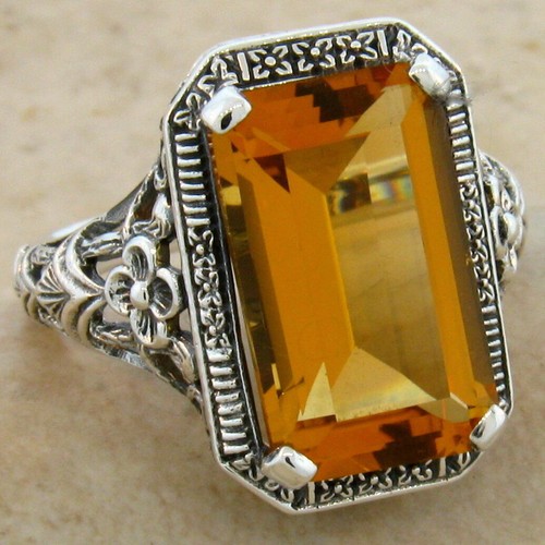 CLASSIC DESIGN 925 SILVER ART DECO STYLE 6 Ct LAB-CREATED CITRINE RING 520Z - Picture 2 of 3