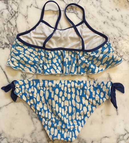 Girls Dot Ruffle Bikini Swimsuit 2 Pc Size 10 M Bathing Suit Boho Blue Tie White - Picture 9 of 16