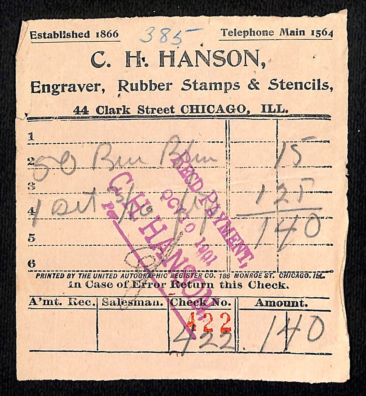 C.H. Hanson Engraver Stencils 1901 Receipt - Hicks Motor Cycle Chicago*