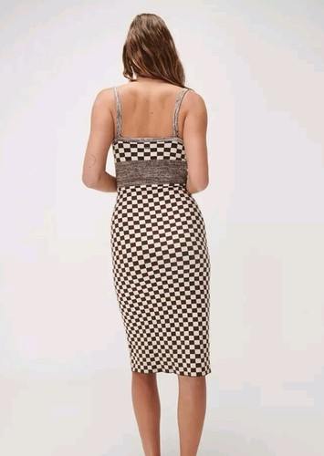 Vestido de punto Ganda L cuadros marrón chocolate invierno nuevo con etiquetas midi bodyconstretch tiras - Imagen 4 de 10