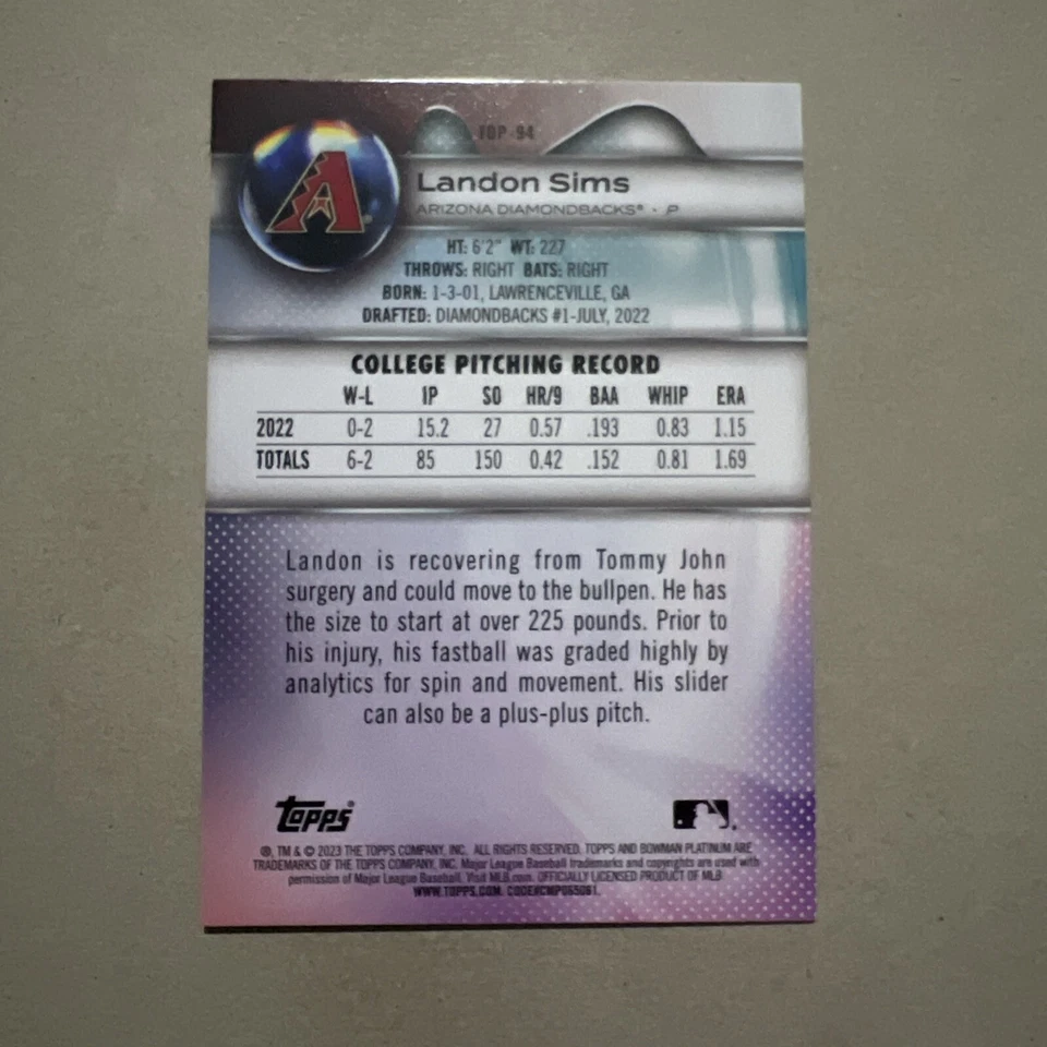 2023 Bowman Platinum ICE FOIL Landon Sims #TOP-94 - Arizona Diamondbacks - Image 3 of 3