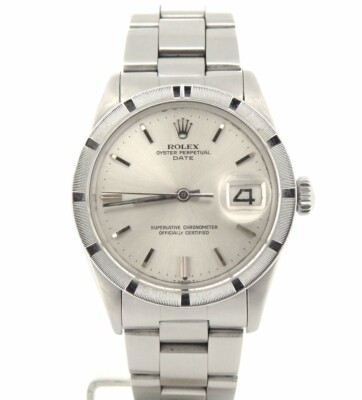 Mens Rolex Date Stainless Steel Watch Oyster Band Silver Dial Engine-Turned 1501