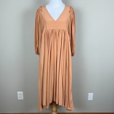 Mustard Seed Midi Dress Womens Small Peach Babydoll Pleated V-Neck High Low 3/4