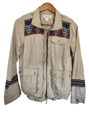Lucky Brand Live In Love Khaki Linen Western Boho Zip Pockets Jacket Size Small - Picture 2 of 5