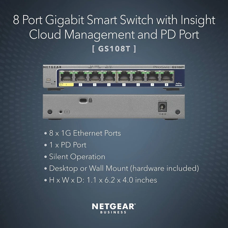 NETGEAR 8-Port Gigabit Ethernet Smart Switch (GS108T) - Managed, with 1 x PD Por - Image 2 of 4