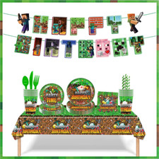 Minecraft Party Supplies Set, Video Game Party, Plates Cups Banner Backdrop Kids