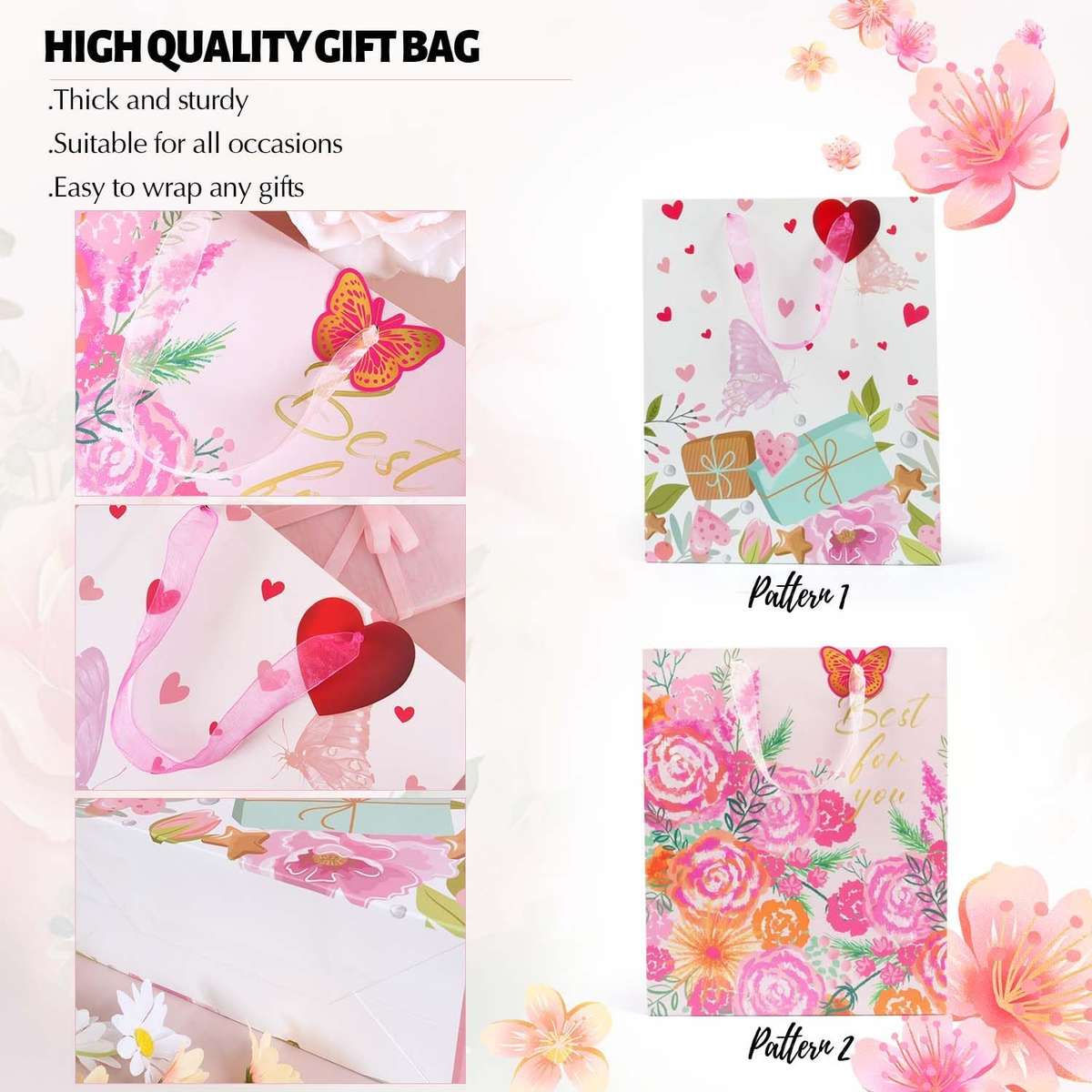 12.6'' Gift Bags with Tissue Paper, Pink Floral Gift Bags with