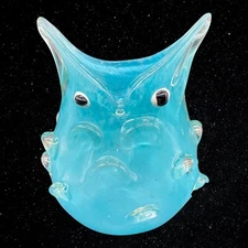 Art Glass Hand Blown Mottled Blue Owl Applied Eyes Vase 7”T 5”W