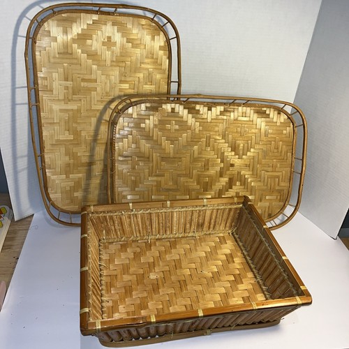 Vintage Set Bamboo Rattan Serving Trays Stacking & Bowl Woven Wicker Tiki - Picture 10 of 10
