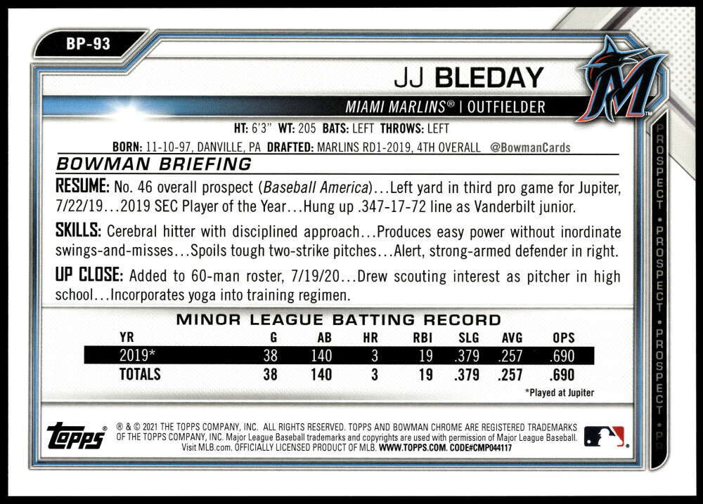 JJ Bleday 2021 Bowman 5x7 Prospects #BP-93 22/49 Marlins | eBay