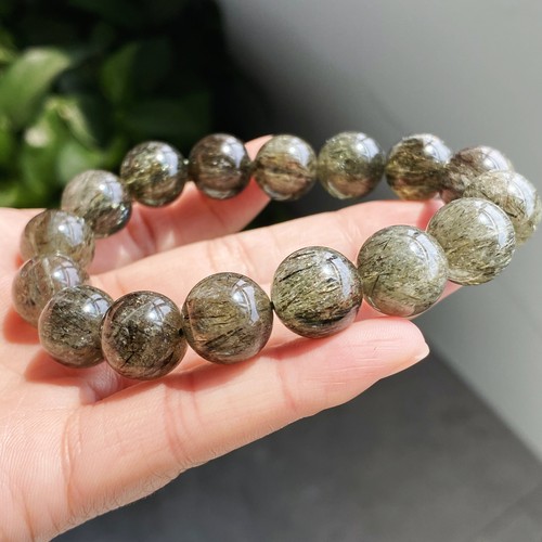 13.5mm Natural Green Tourmaline Rutilated Quartz Crystal Beads Bracelet C1079 - Bild 9 von 11