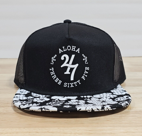 3D ALOHA 24/7 365 BLACK & WHITE FLORAL TRUCKER HAT HAWAII ISLANDS ONE SZ ADJ NEW - Picture 2 of 11