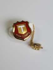 "T" High School 1967 Lapel Pin 2 Pieces Attached by Chain Red White & Gold Color