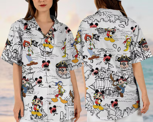 Mickey Friends Pirates Hawaiian Button Down Shirt Unisex Adults S-5XL