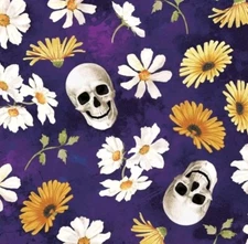 "Bones & Bouquets" Skulls & Daisies Fabric 100% Cotton•1yd•BTY•Fast Ship! 
