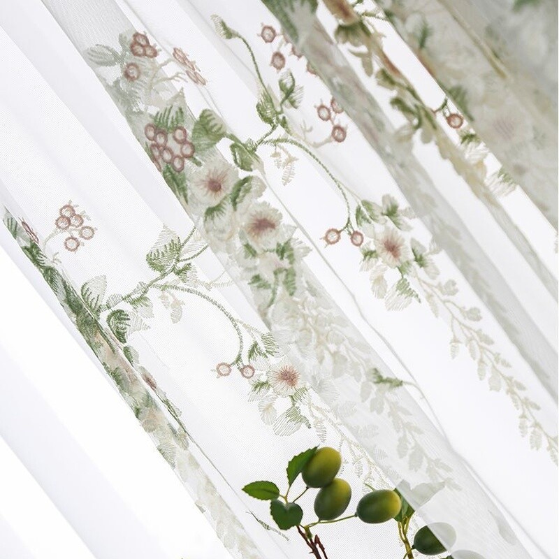 Floral Embroidered Curtains Lace Sheer Voile Drape Panel for Living Room Decor