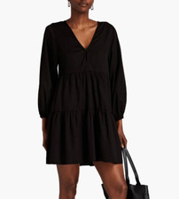 Enza Costa Womens Black V-Neck Tiered Cotton Poplin Mini Dress Size 1 4US 