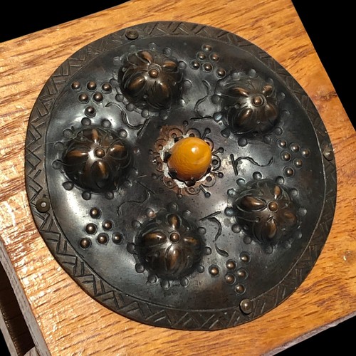 Vintage Mid Century Arts & Crafts Oak Copper Amber Napkin Letter Holder Latvia - Picture 2 of 8