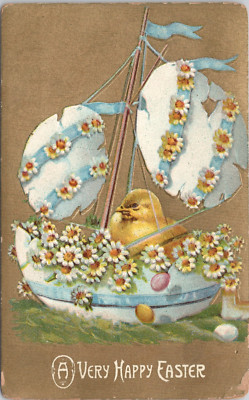 Easter Postcard Boat Hatched Eggs With Daisy Flowers Chick Embossed 1910